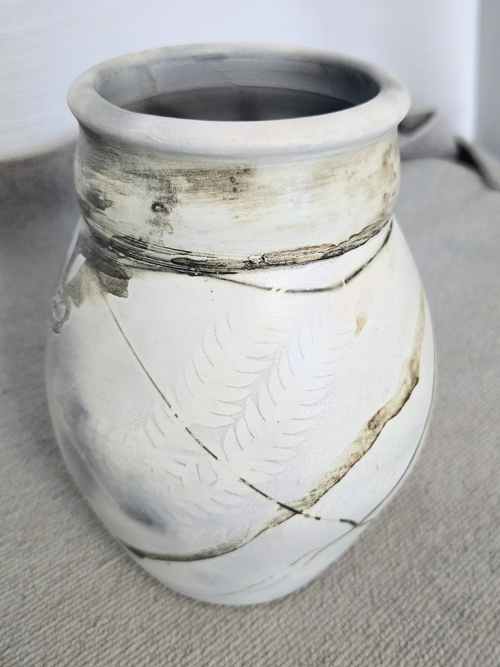 Studio Art Pottery Raku Vase Abstract Textured Look White Black Signed Boho